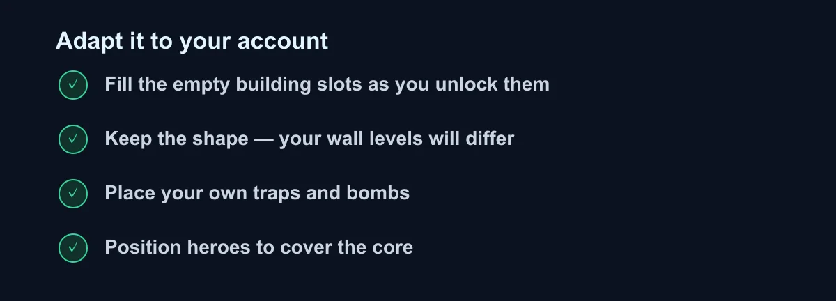Adapt checklist: fill empty building slots, keep the shape, place your own traps, position your heroes